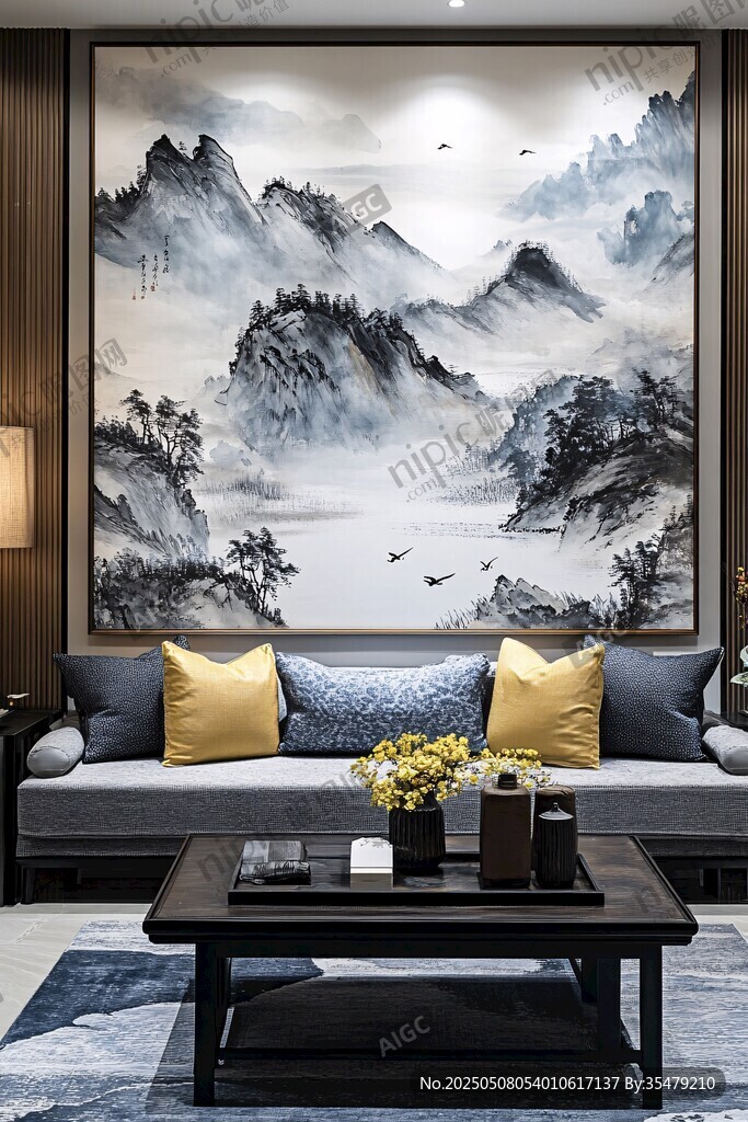 中式客厅里的山水墨画背景