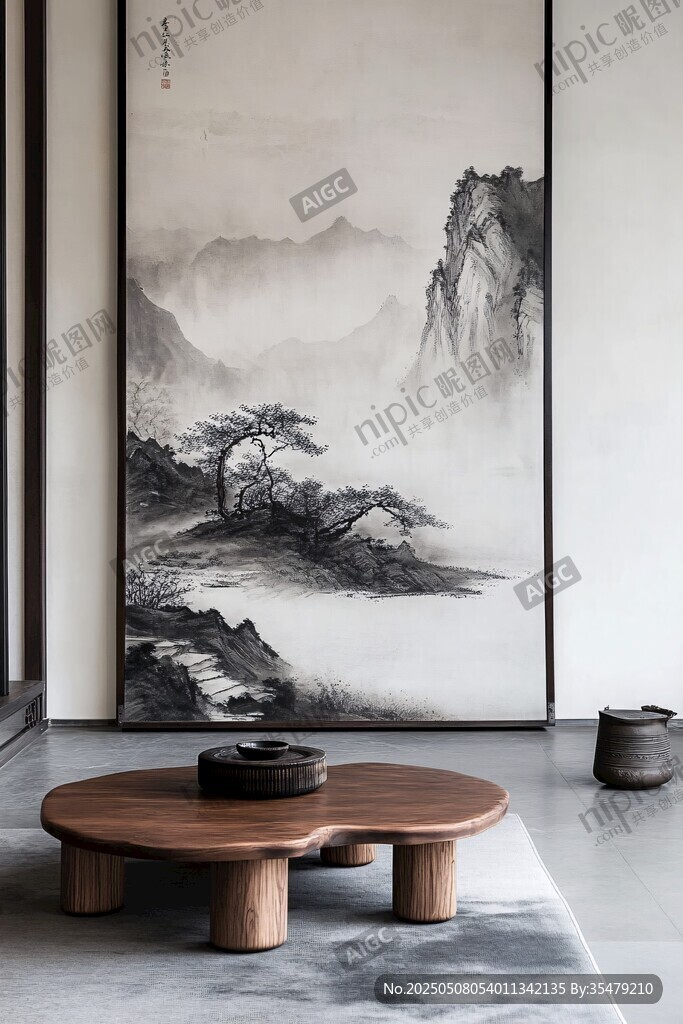 中式山水挂画搭配木质茶几