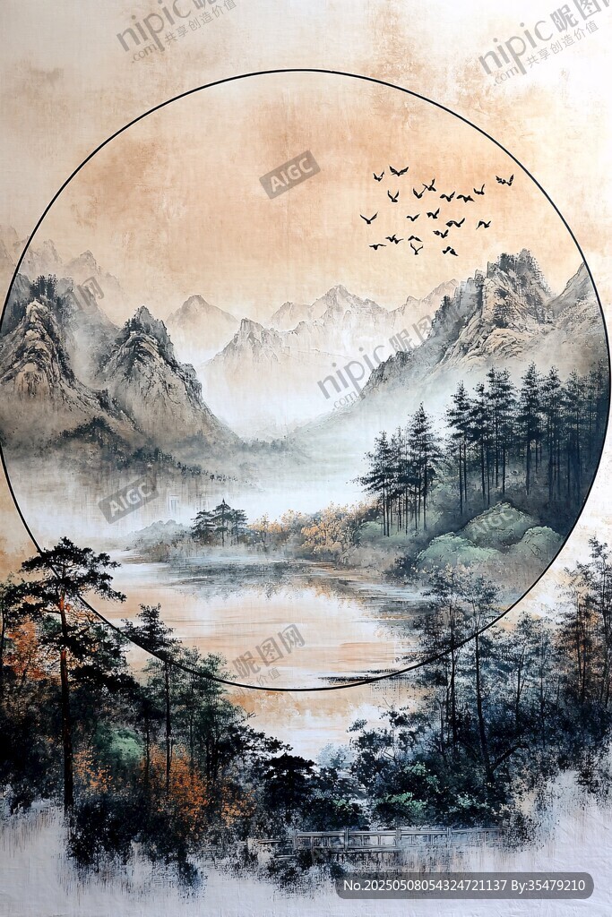 圆形山水间飞鸟诗意画卷