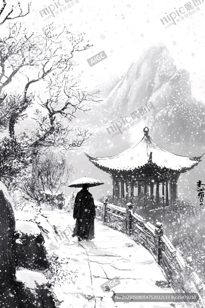 雪中古景 撑伞行者与亭台