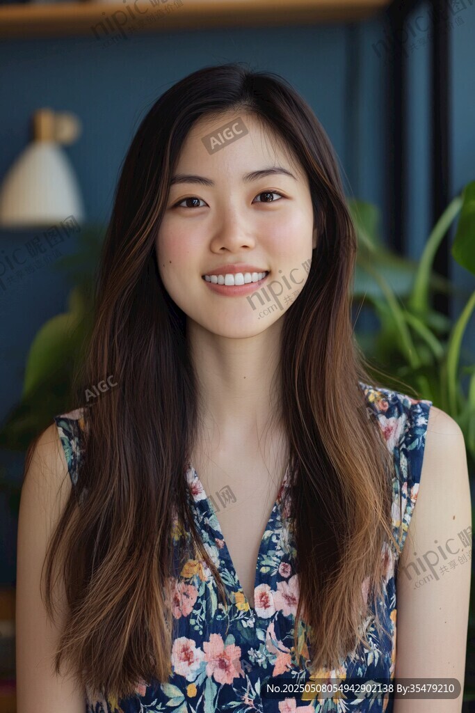 微笑的碎花裙长发亚洲女子