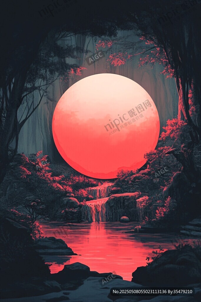 奇幻森林中的巨大红月