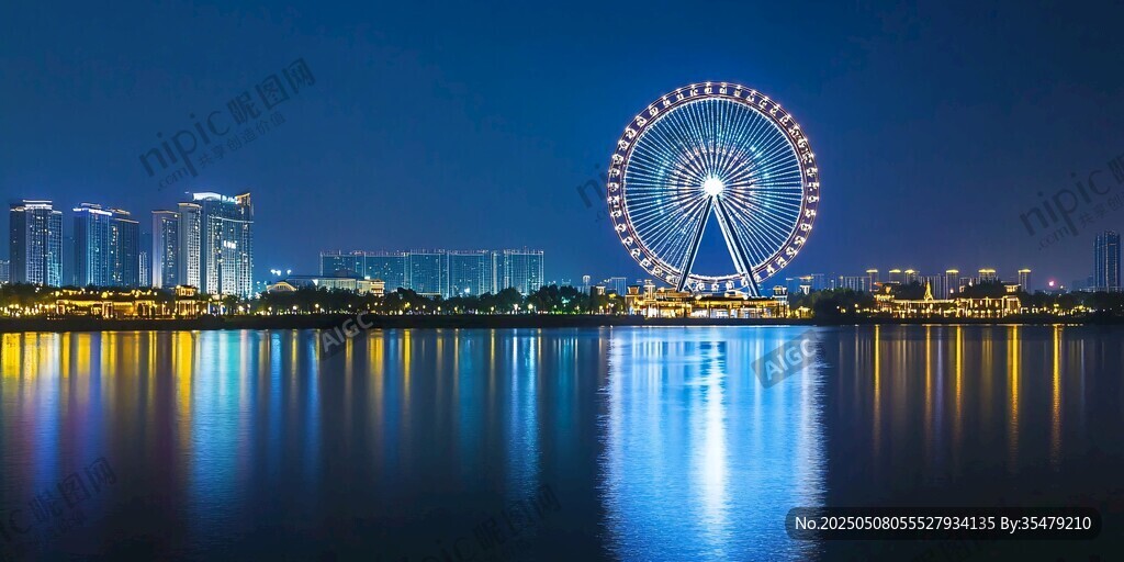 城市湖畔的璀璨摩天轮夜景