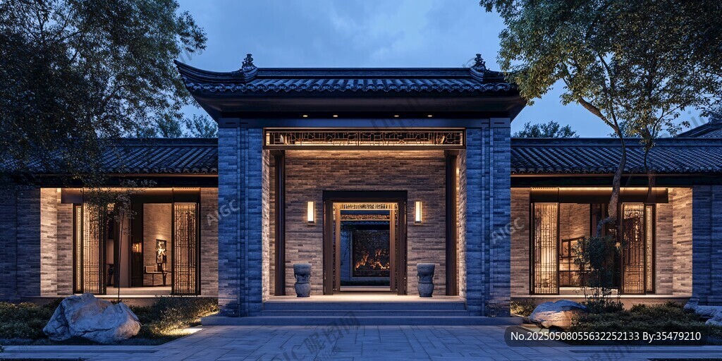中式雅致庭院建筑夜景