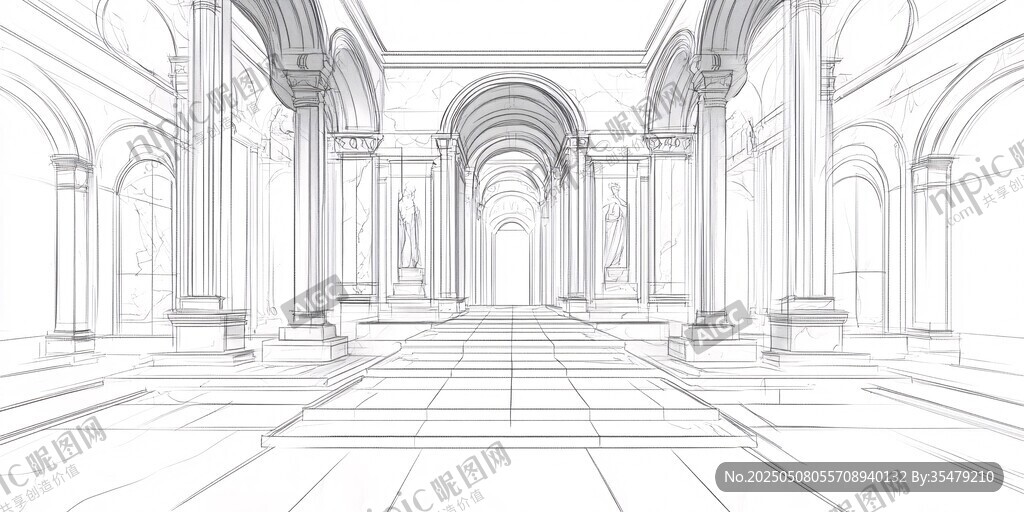 古典建筑室内空间线稿