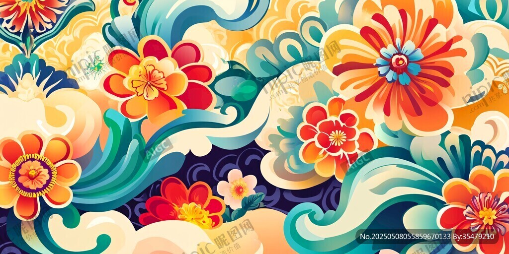 绚丽花卉波浪图案背景