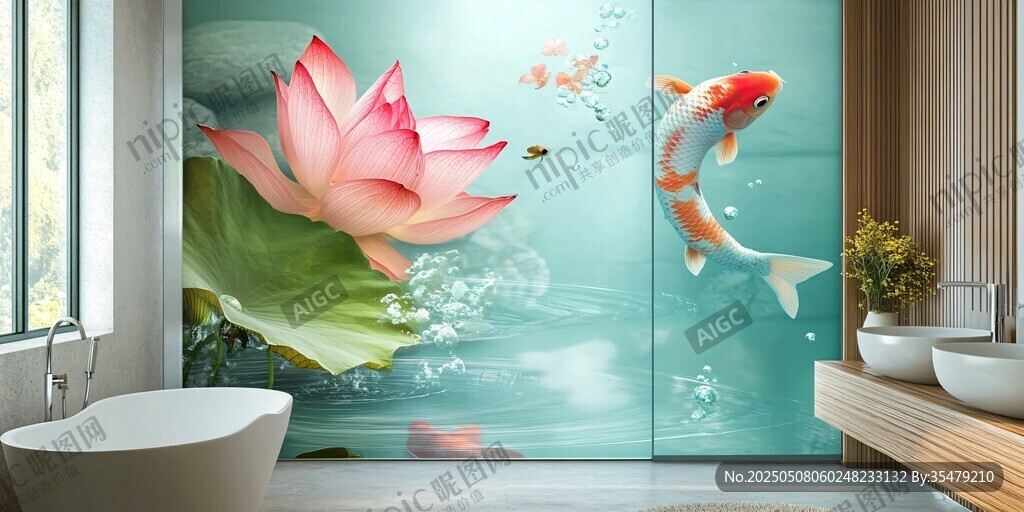 荷花锦鲤浴室背景墙