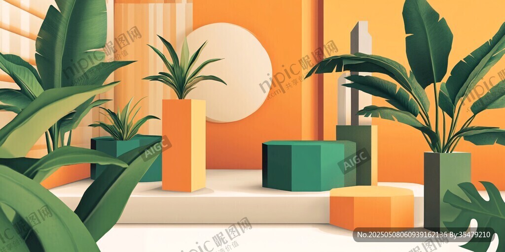 室内绿植与几何摆件场景