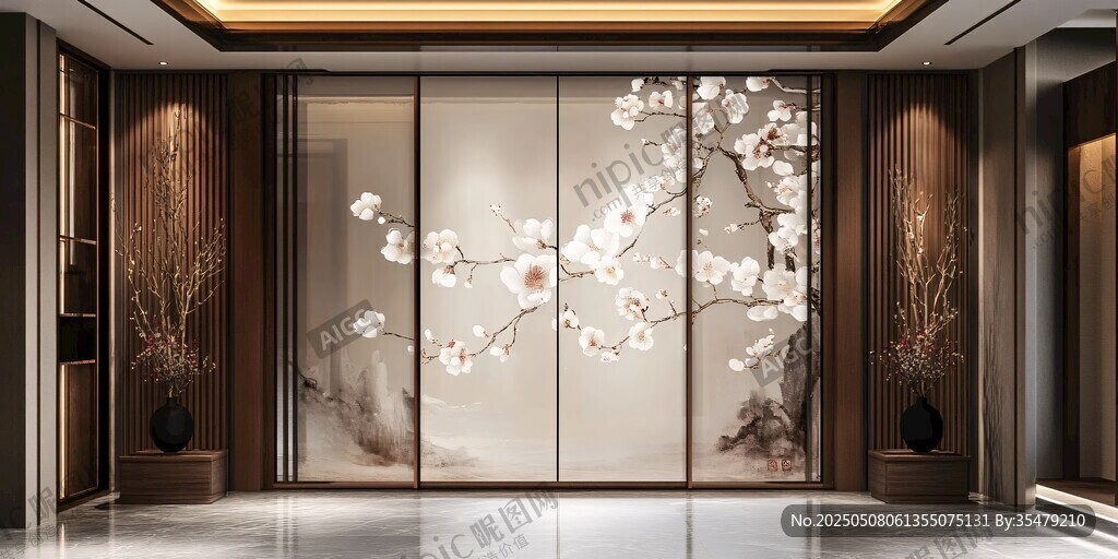 中式雅致客厅梅花屏风背景