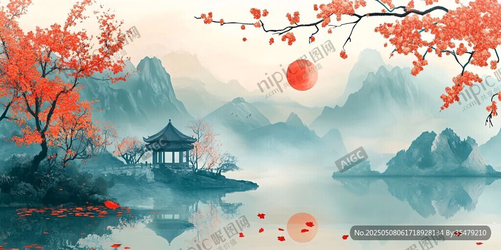 秋日山水亭阁诗意风光