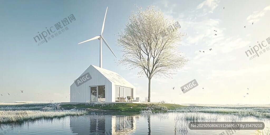 湖畔小屋与风车静谧景致
