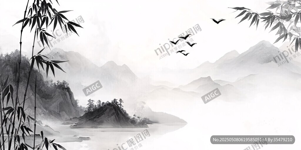 水墨山水间 竹影飞鸟情