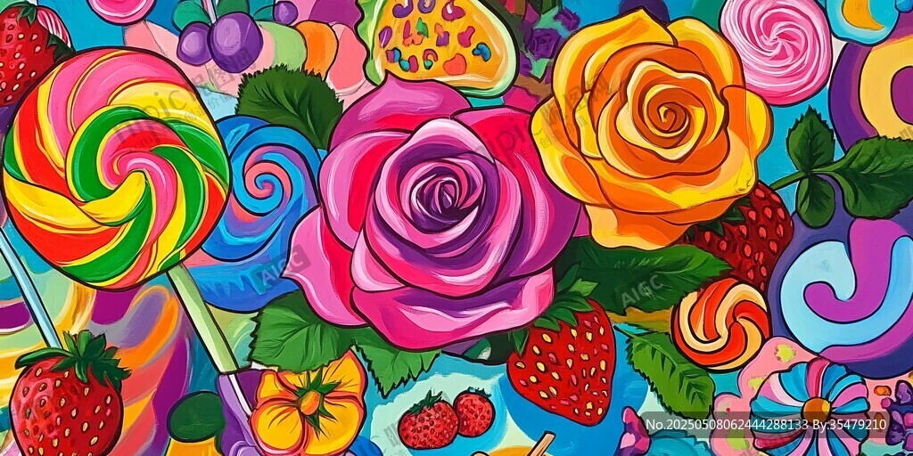 缤纷糖果与玫瑰梦幻插画