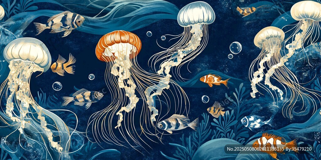 梦幻海底水母与群鱼共舞