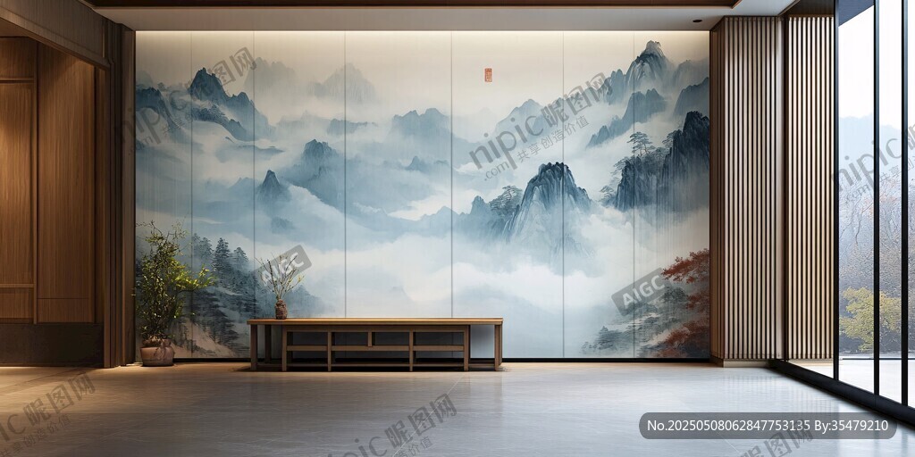 中式山水背景墙室内景致