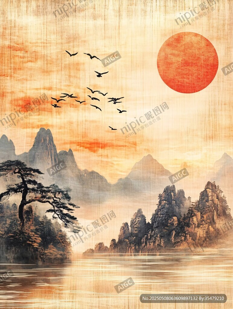 旭日群山飞鸟中式山水图