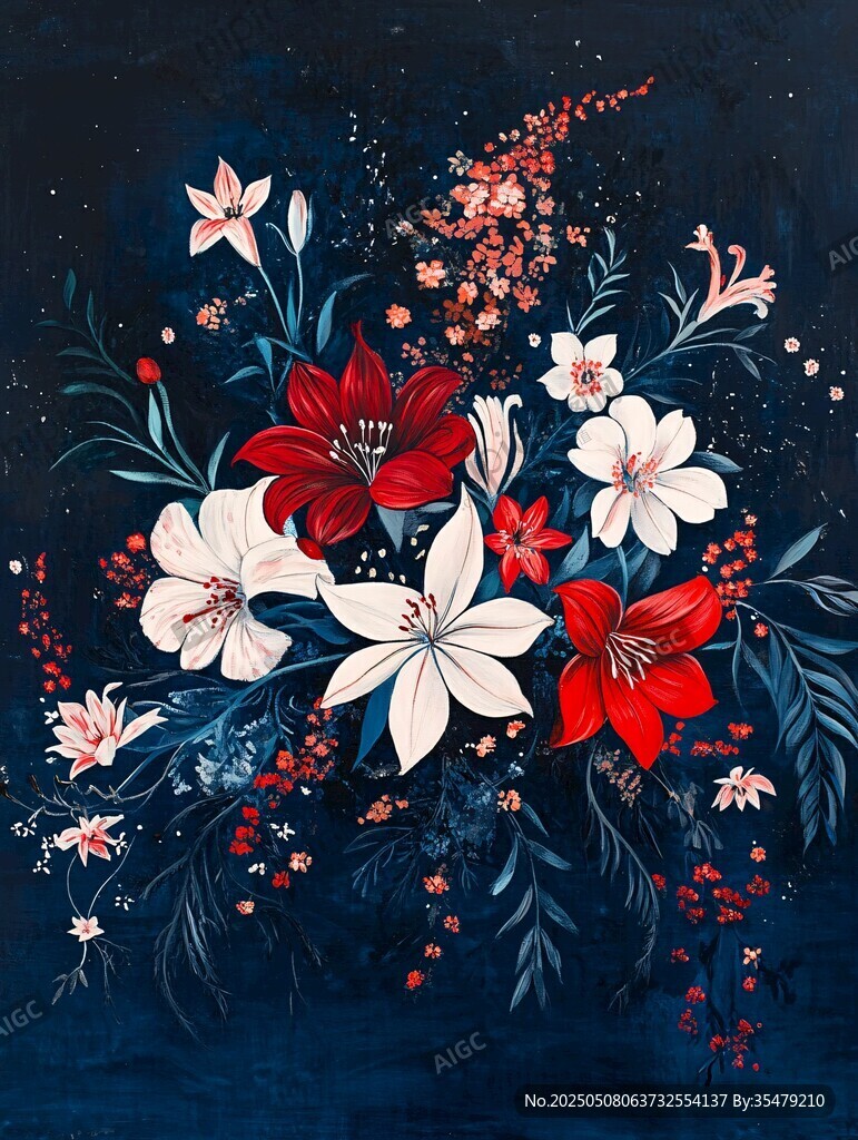 深蓝色背景上的绚丽花卉组合