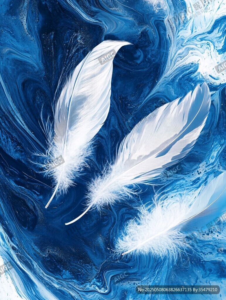 梦幻蓝调中的轻盈白羽毛