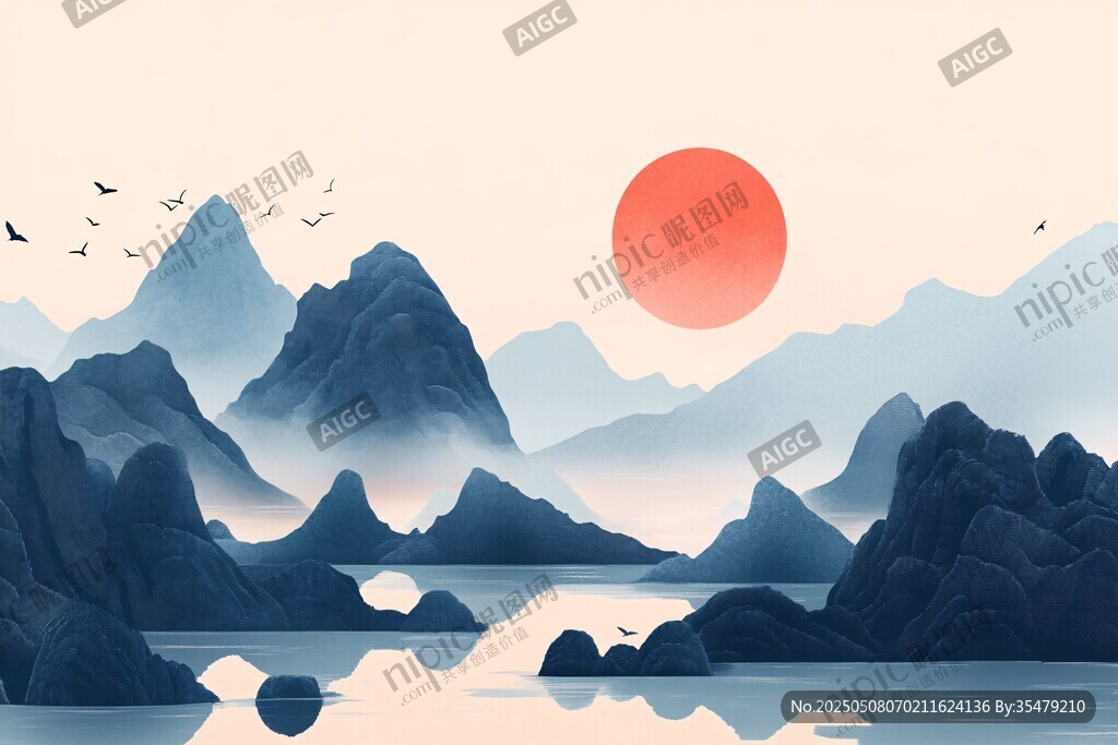 日出山水间 飞鸟伴云霞