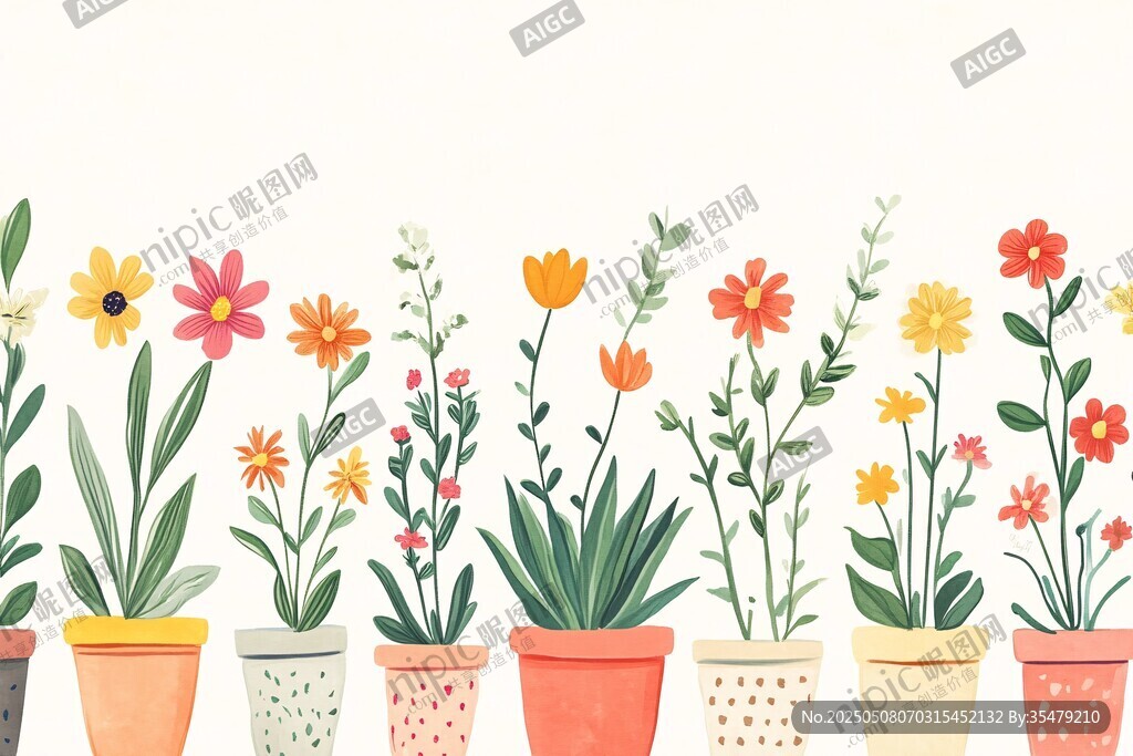 一排多彩盆栽花卉插画