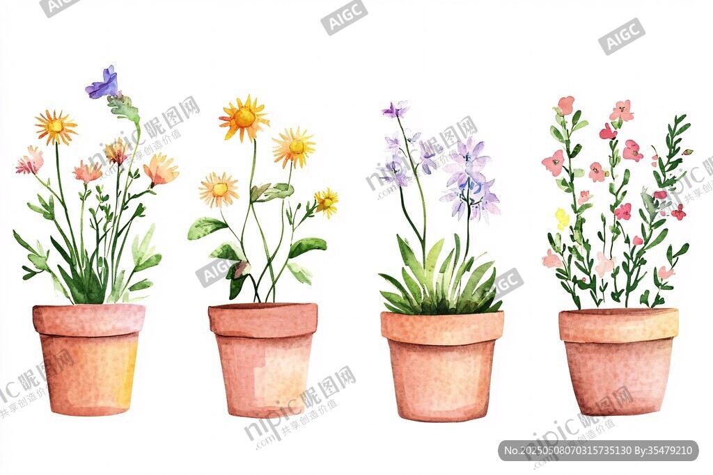水彩风盆栽花卉插画