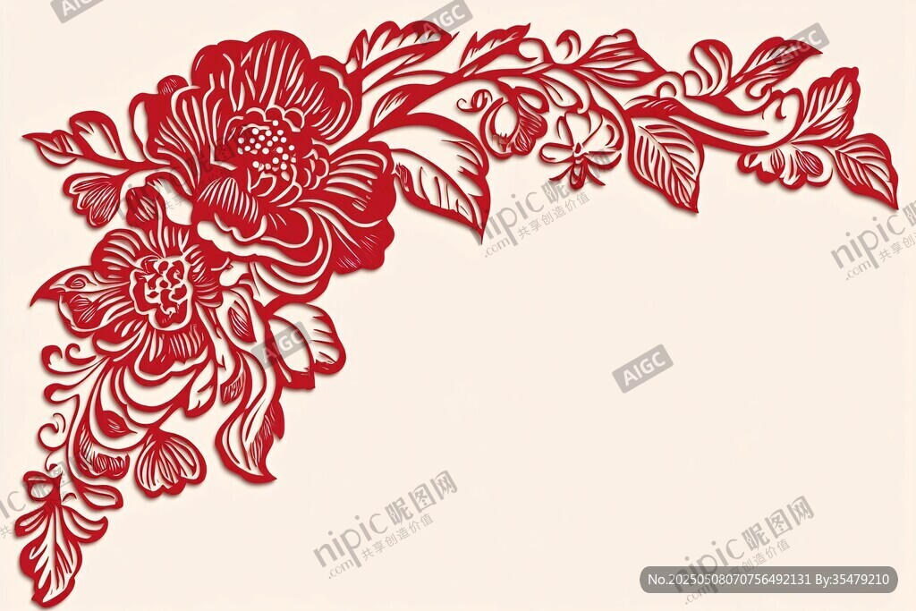 中式红色花卉剪纸角花