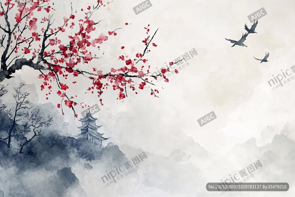 水墨红梅飞鸟诗意山水图