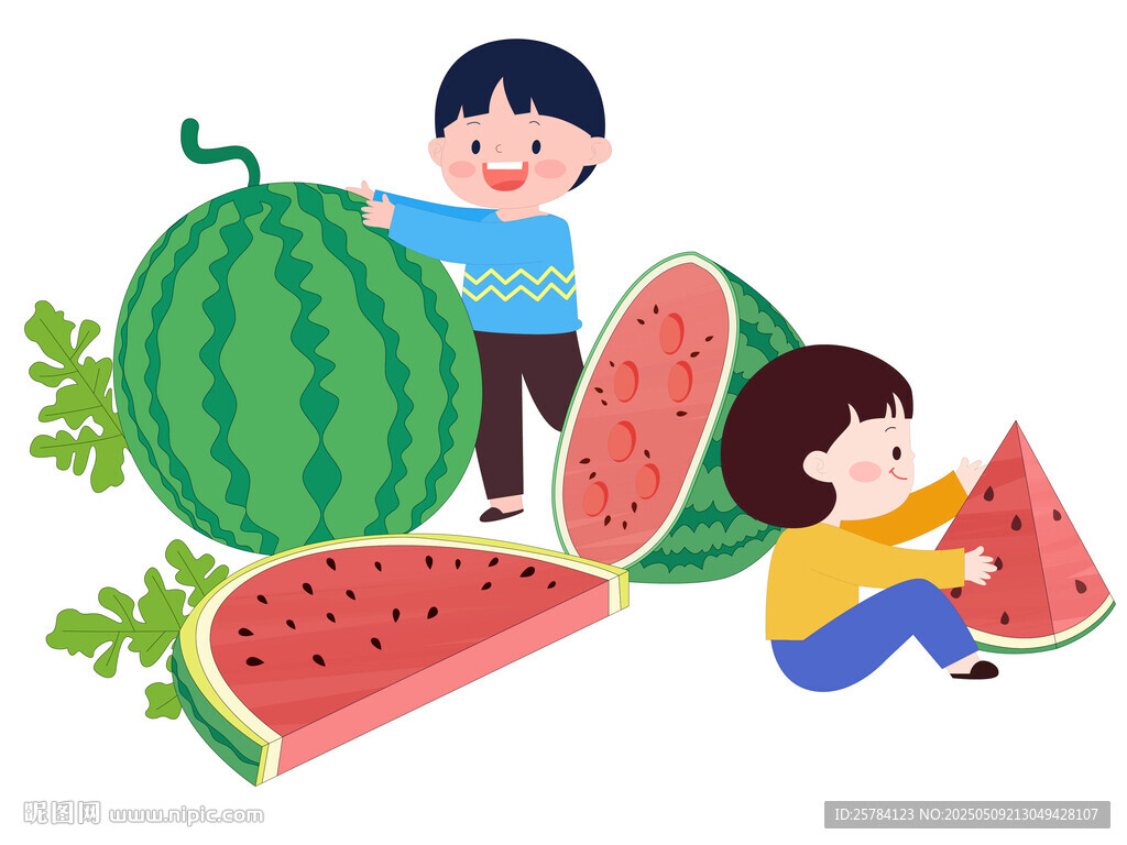孩子夏季暑假避暑吃西瓜可爱插画