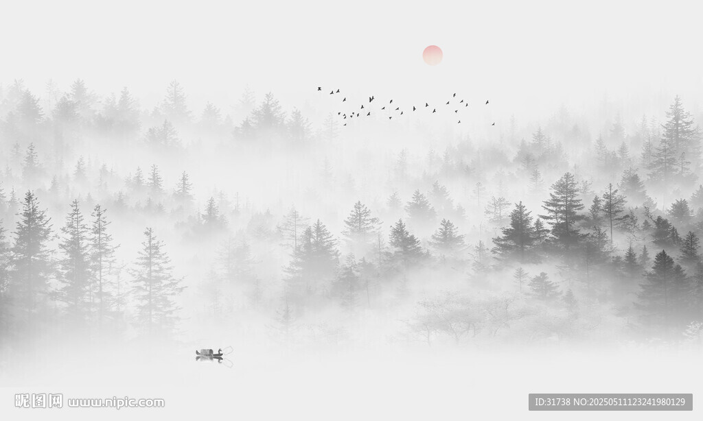 森林意境水墨画背景墙壁纸壁画