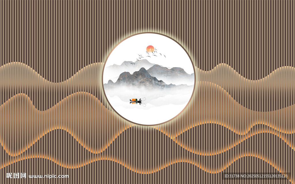 新中式格栅山水画幕墙背景墙壁纸