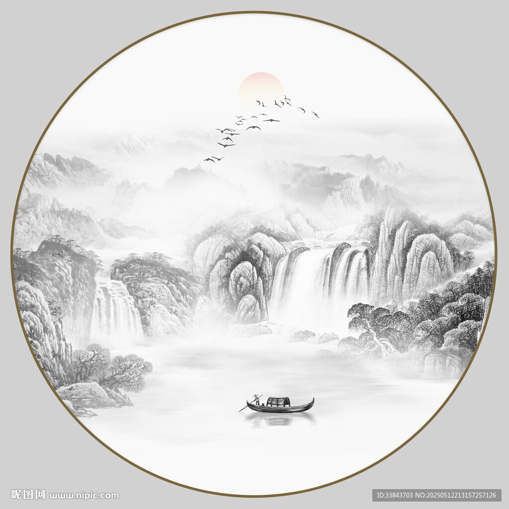 圆形水墨山水画