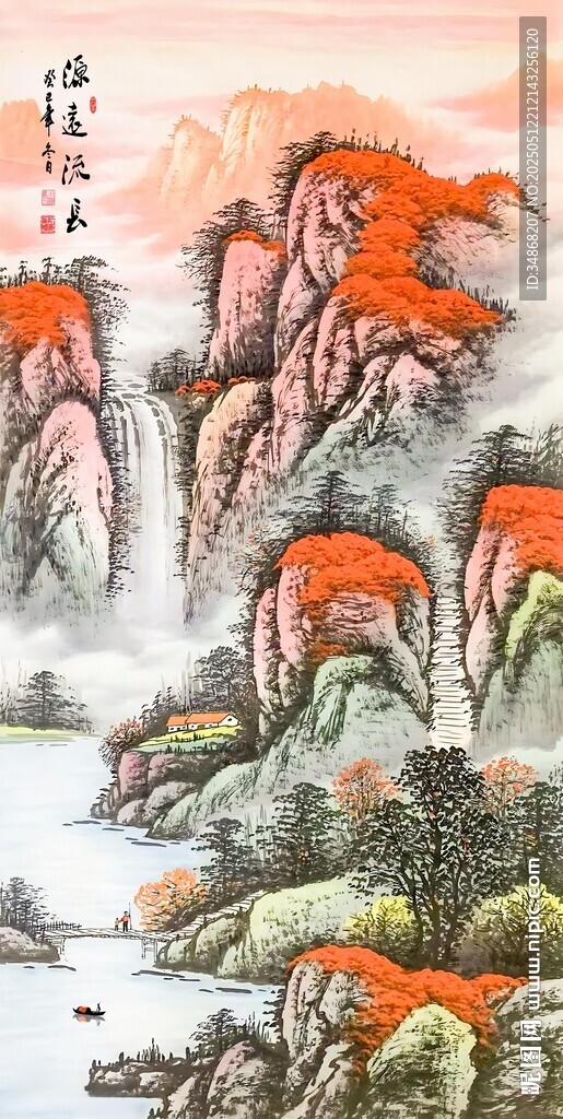 旭日东升竖版玄关山水画国画