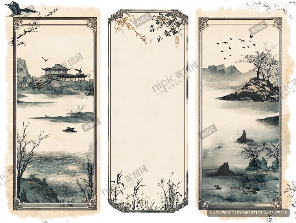 古风山水三联装饰画