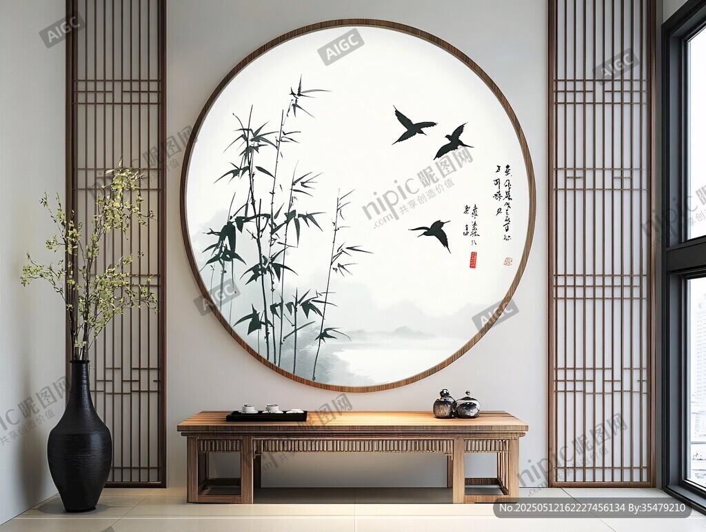中式圆壁饰 竹影飞鸟意境美