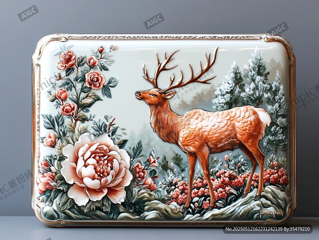 手绘鹿与花卉精美瓷盒