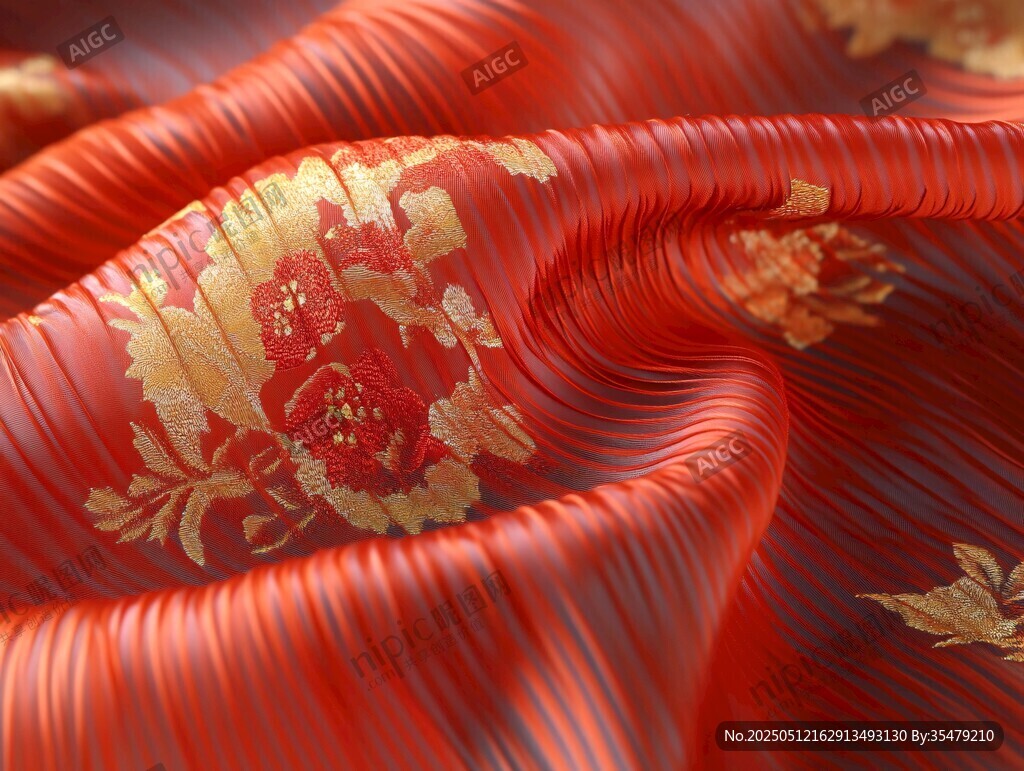 红色织锦花纹丝绸特写