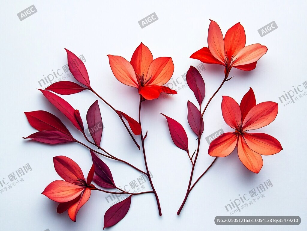 橙红花朵与红叶的美妙组合