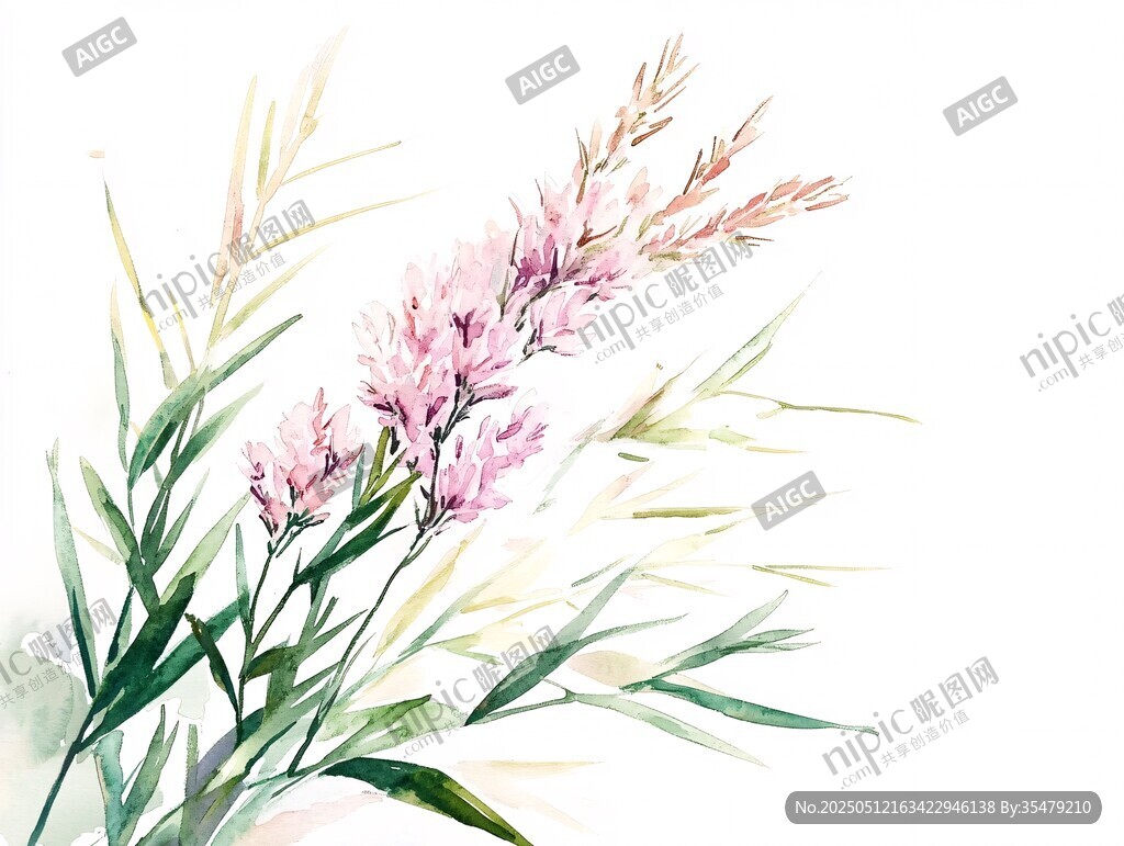 水彩绘粉色花卉与绿叶