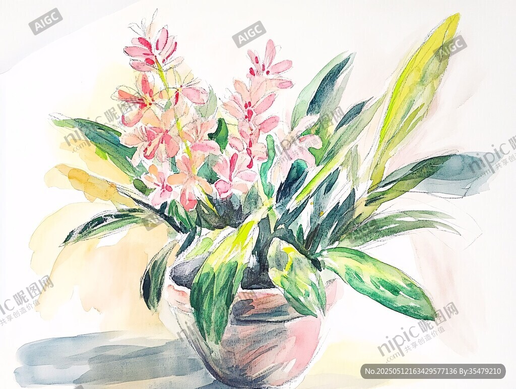 水彩绘盆栽花卉之美
