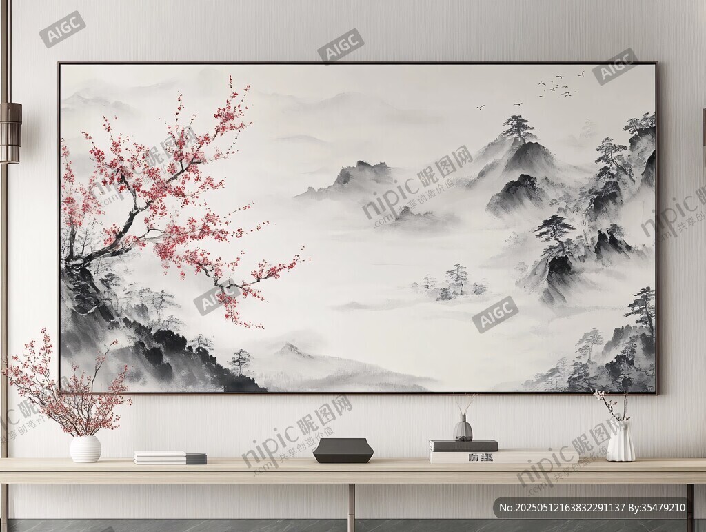水墨山水间 红梅绽雅韵