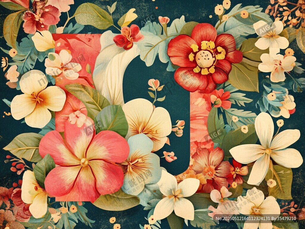 花卉环绕的字母J艺术图案