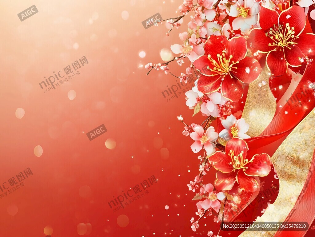 喜庆红底花卉背景图