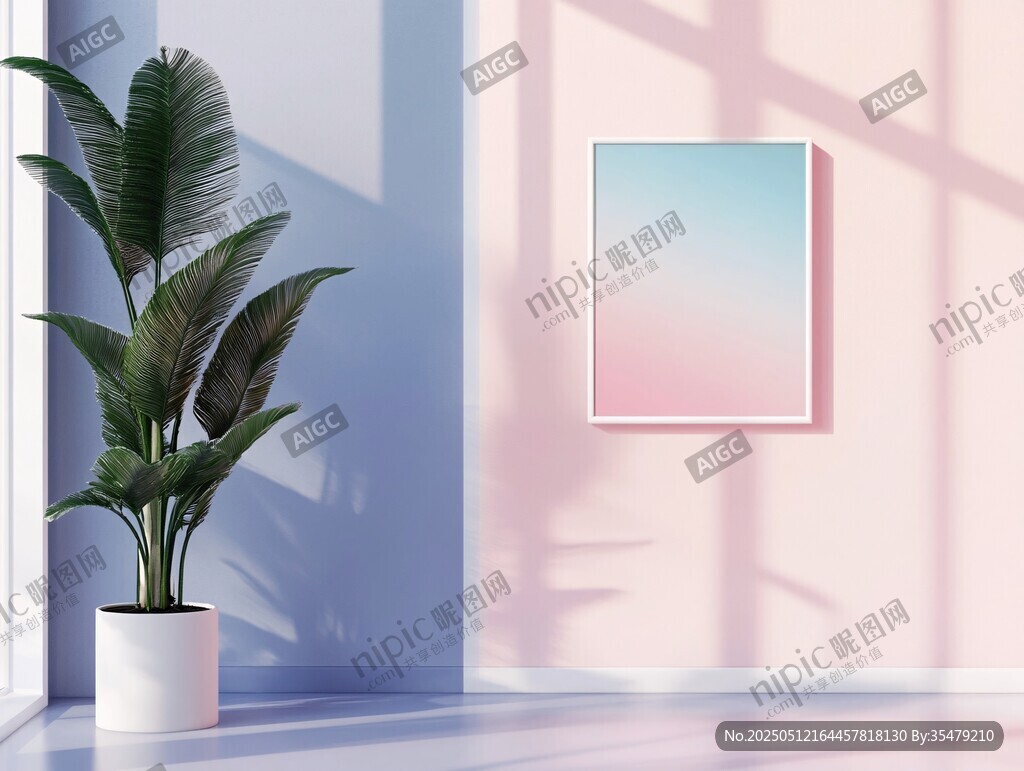 简约室内绿植与渐变挂画