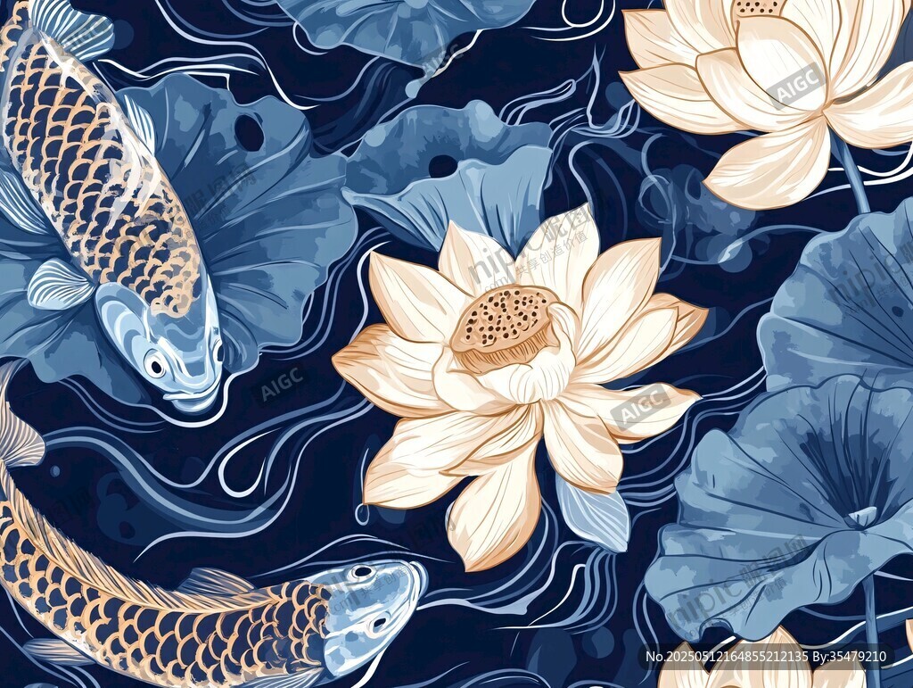 锦鲤荷花中式精美图案