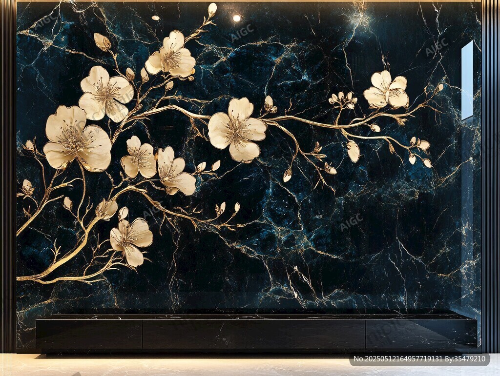 奢华黑金大理石花卉背景墙