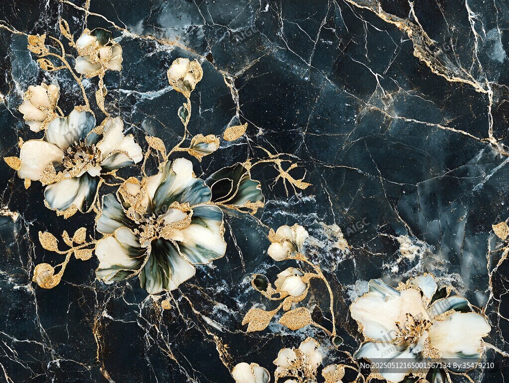 黑金大理石上的精致花卉