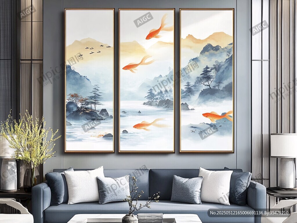 客厅中式三联鱼趣装饰画