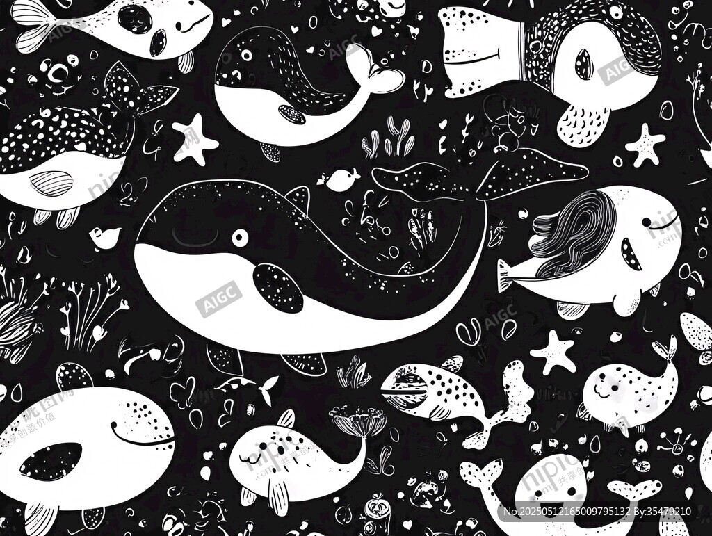 黑白海洋生物可爱插画