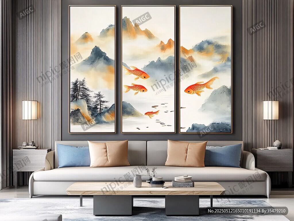 中式客厅三联山水锦鲤挂画