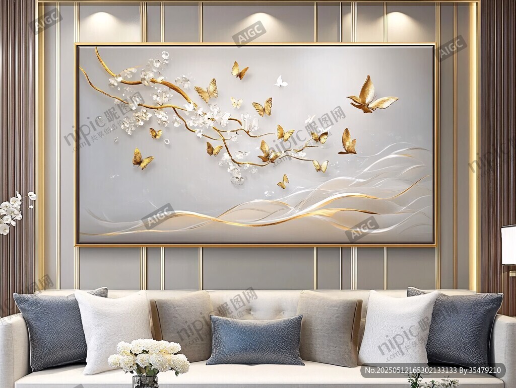 客厅中式金蝶花卉装饰画